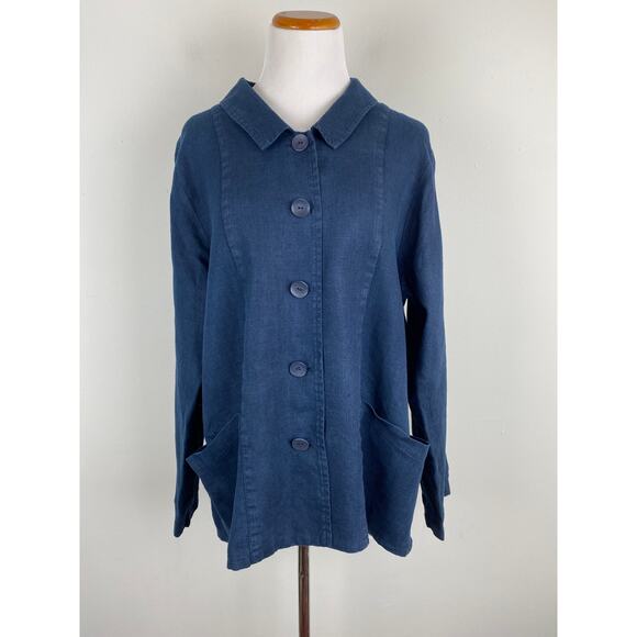 Flax Lagenlook Blue Linen Shirt Jacket Size Medium - Picture 1 of 12